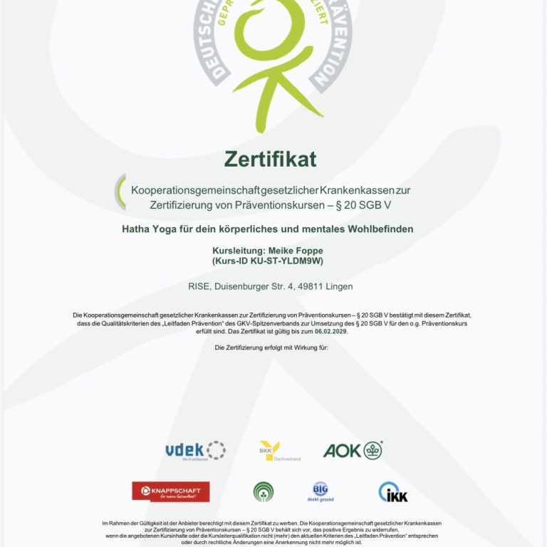 Zertifikat zur Anerkennung von des Yogakurses.