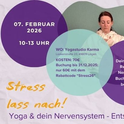 Yoga-Workshop-Ankündigung mit Details zu Datum, Uhrzeit, Kosten und Buchungsinformationen.